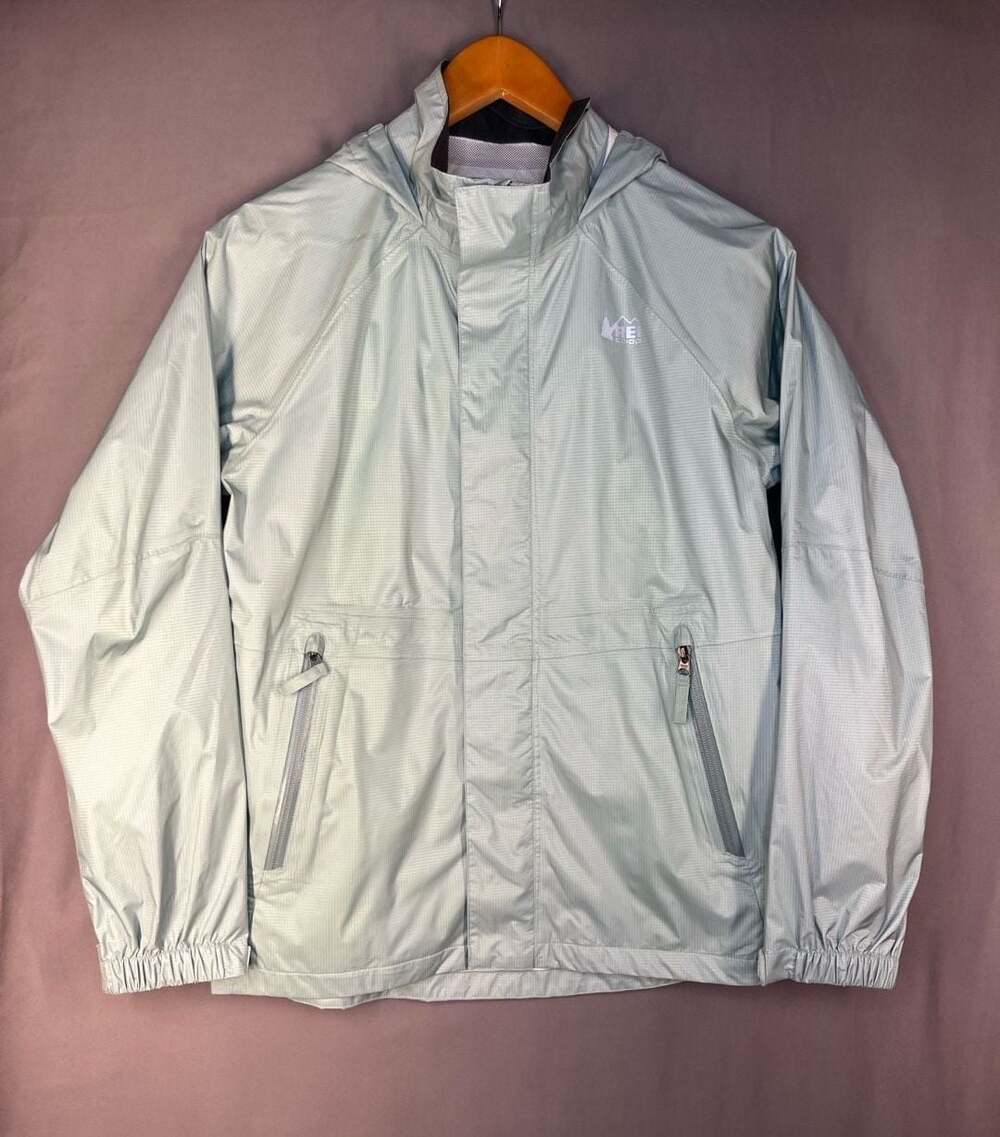 REI Co-op Kids Rain Jacket Light Blue Hooded Size Large 14-16